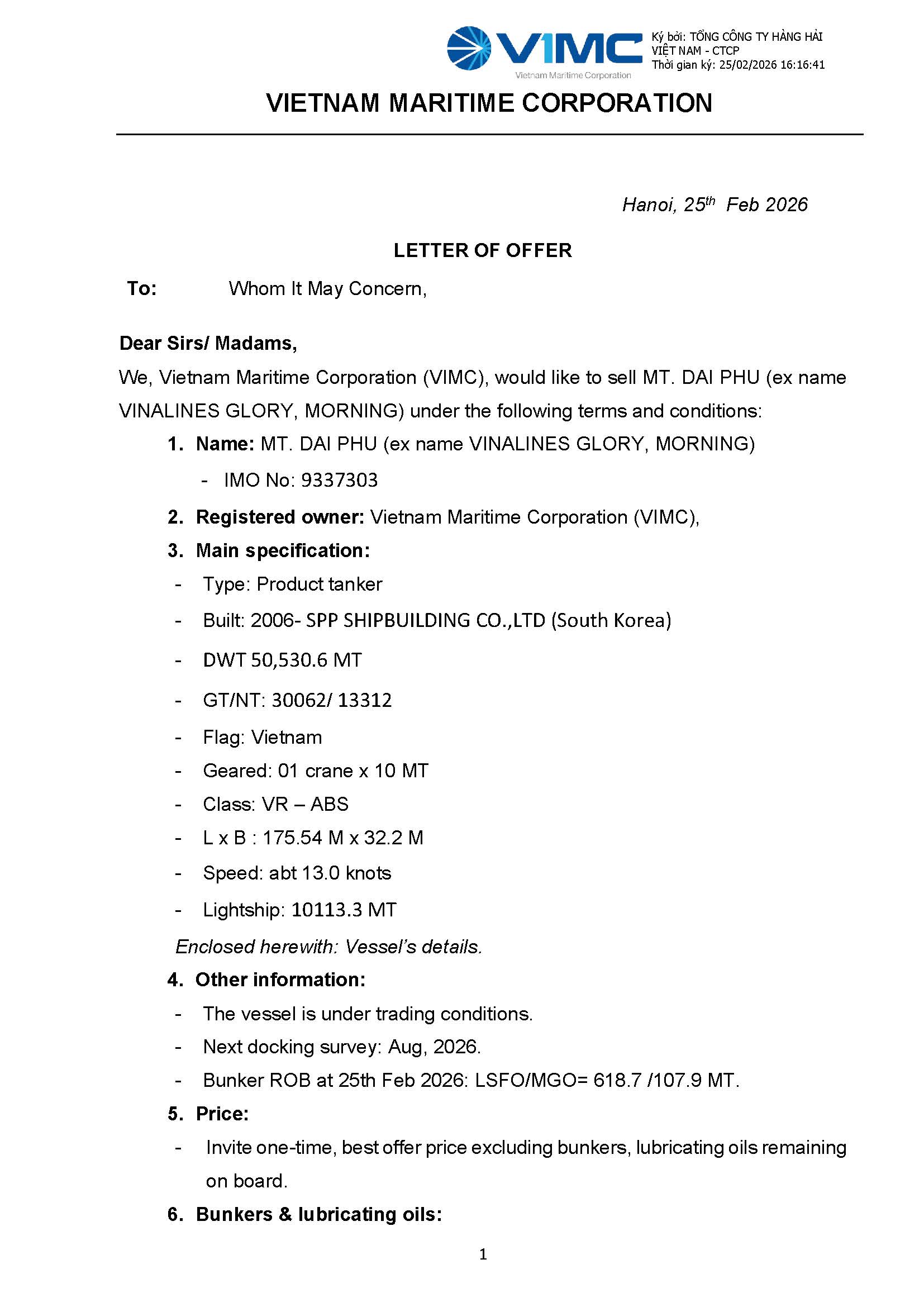 Letter Of Offer (MT. DAI PHU)